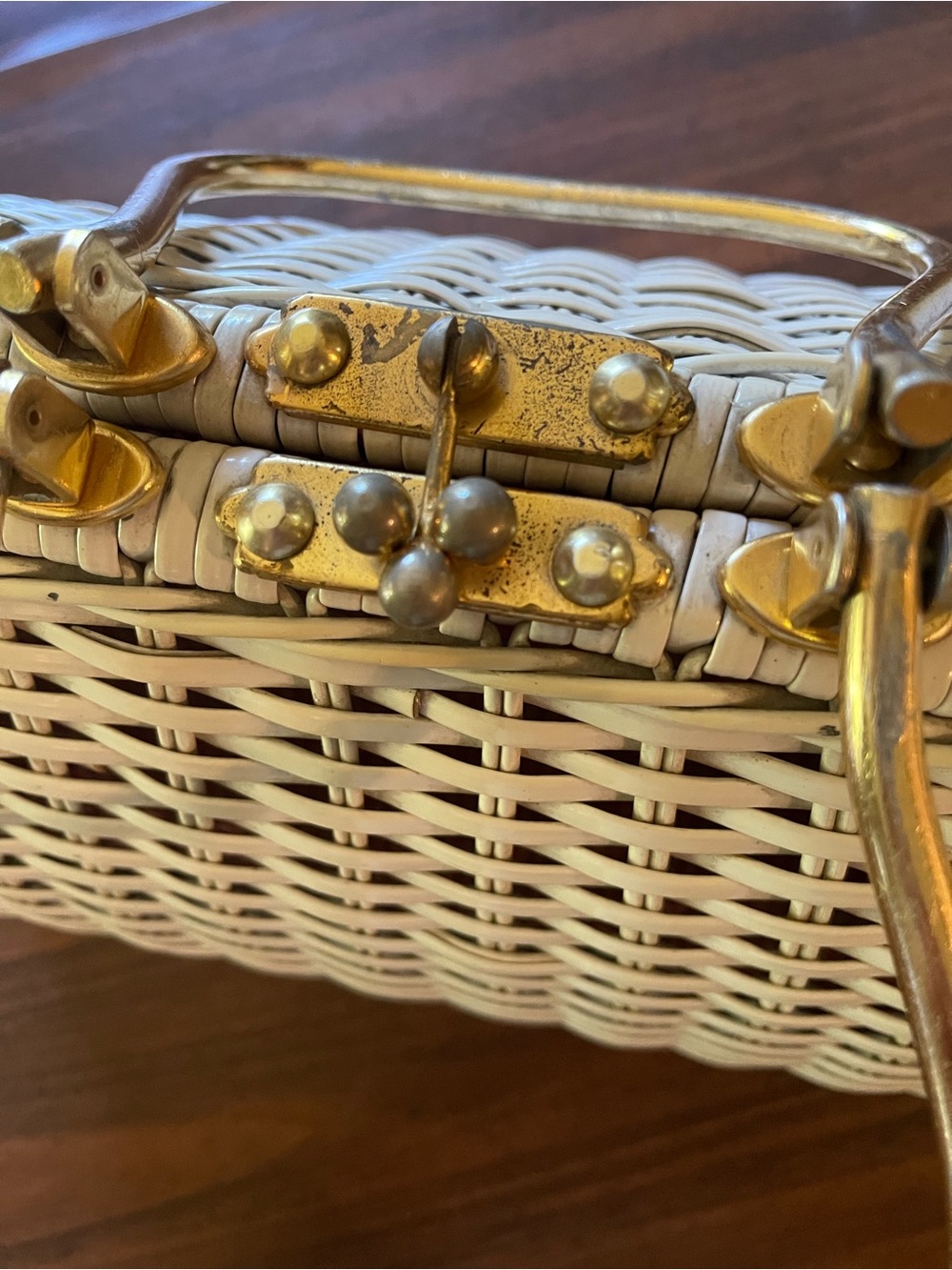 Vintage Woven White Top-Handle Bag with Gold Hardware. 15x5 - Picture 5 of 6